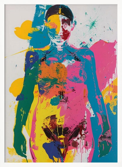 An abstract pop art print of a female figure from the waist up, depicted in vibrant, overlapping blocks of color including pink, yellow, cyan, and green, with skeletal details visible, all set against a white background with paint splatters. Artwork