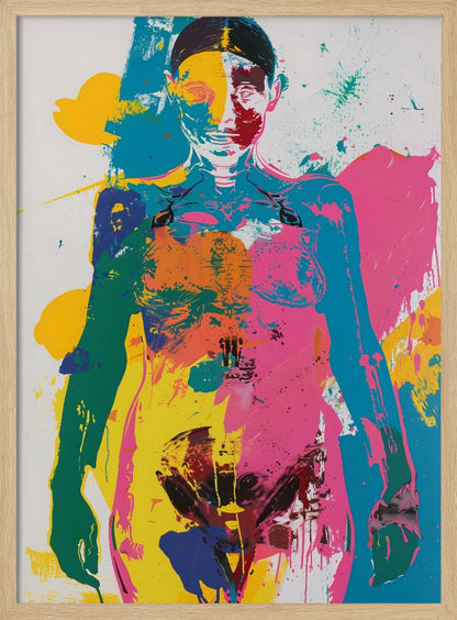 An abstract pop art print of a female figure from the waist up, depicted in vibrant, overlapping blocks of color including pink, yellow, cyan, and green, with skeletal details visible, all set against a white background with paint splatters. Artwork