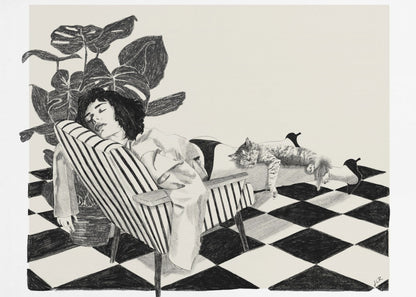 A black and white sketch of a woman with short dark hair sleeping in a striped armchair. A large potted plant is behind her, and a cat is sleeping stretched out across her legs. The floor has a black and white checkerboard pattern. Decor
