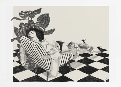 A black and white sketch of a woman with short dark hair sleeping in a striped armchair. A large potted plant is behind her, and a cat is sleeping stretched out across her legs. The floor has a black and white checkerboard pattern. Decor