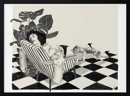 A black and white sketch of a woman with short dark hair sleeping in a striped armchair. A large potted plant is behind her, and a cat is sleeping stretched out across her legs. The floor has a black and white checkerboard pattern. Decor