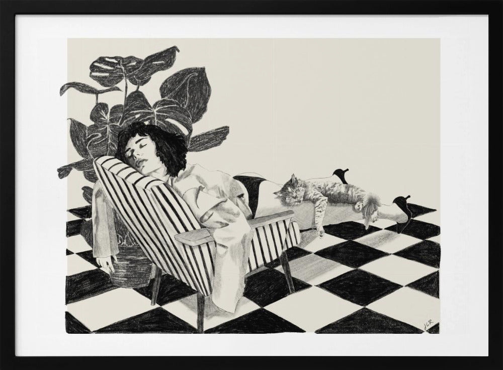 A black and white sketch of a woman with short dark hair sleeping in a striped armchair. A large potted plant is behind her, and a cat is sleeping stretched out across her legs. The floor has a black and white checkerboard pattern. Decor