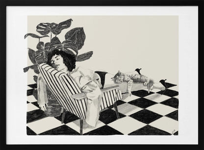 A black and white sketch of a woman with short dark hair sleeping in a striped armchair. A large potted plant is behind her, and a cat is sleeping stretched out across her legs. The floor has a black and white checkerboard pattern. Decor