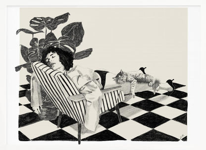 A black and white sketch of a woman with short dark hair sleeping in a striped armchair. A large potted plant is behind her, and a cat is sleeping stretched out across her legs. The floor has a black and white checkerboard pattern. Decor
