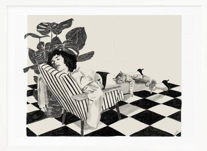 A black and white sketch of a woman with short dark hair sleeping in a striped armchair. A large potted plant is behind her, and a cat is sleeping stretched out across her legs. The floor has a black and white checkerboard pattern. Decor