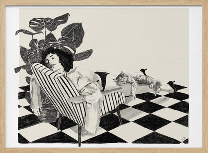 A black and white sketch of a woman with short dark hair sleeping in a striped armchair. A large potted plant is behind her, and a cat is sleeping stretched out across her legs. The floor has a black and white checkerboard pattern. Decor