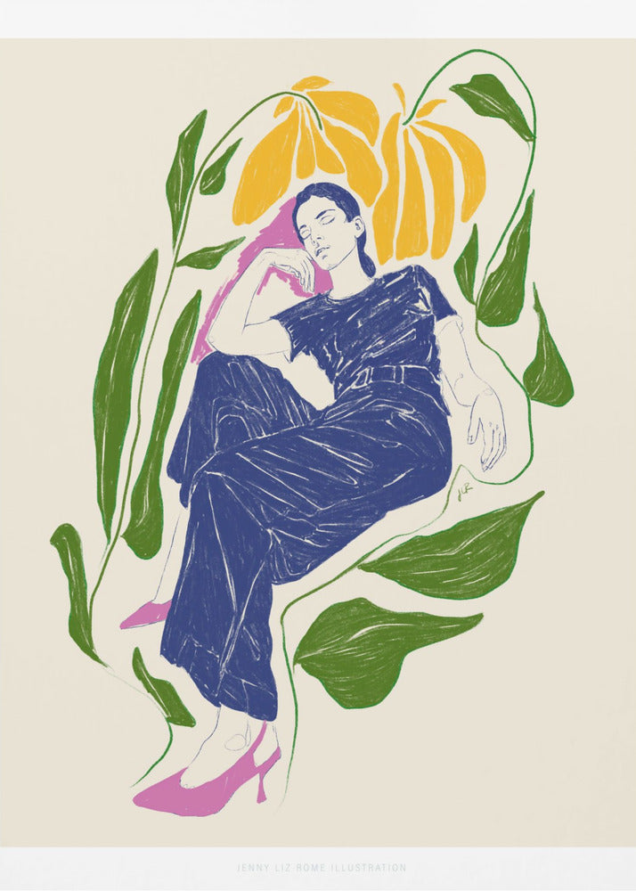 A stylized illustration of a woman in a dark blue outfit and pink heels, resting peacefully with her eyes closed amidst large green leaves and yellow flowers against a cream background. Decor