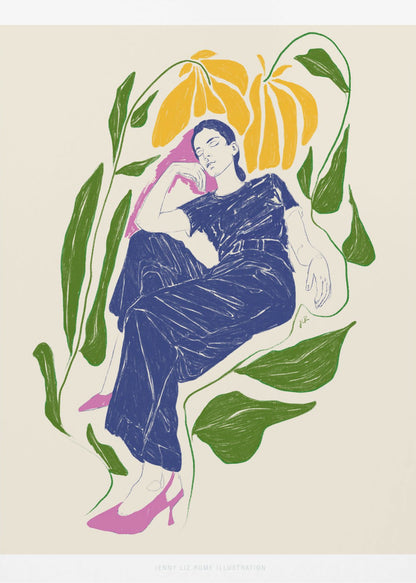 A stylized illustration of a woman in a dark blue outfit and pink heels, resting peacefully with her eyes closed amidst large green leaves and yellow flowers against a cream background. Decor
