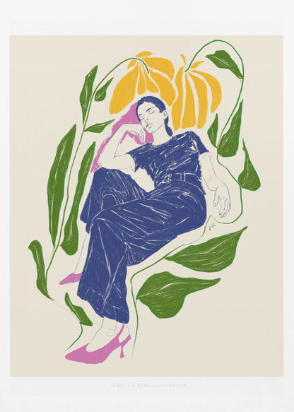 A stylized illustration of a woman in a dark blue outfit and pink heels, resting peacefully with her eyes closed amidst large green leaves and yellow flowers against a cream background. Decor