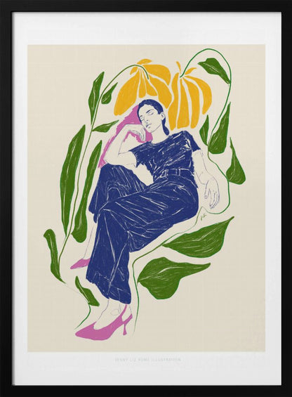 A stylized illustration of a woman in a dark blue outfit and pink heels, resting peacefully with her eyes closed amidst large green leaves and yellow flowers against a cream background. Decor