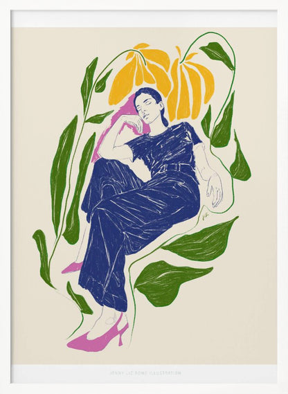 A stylized illustration of a woman in a dark blue outfit and pink heels, resting peacefully with her eyes closed amidst large green leaves and yellow flowers against a cream background. Decor