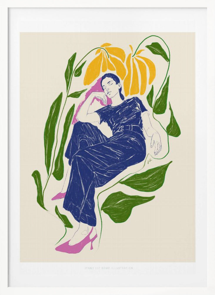 A stylized illustration of a woman in a dark blue outfit and pink heels, resting peacefully with her eyes closed amidst large green leaves and yellow flowers against a cream background. Decor