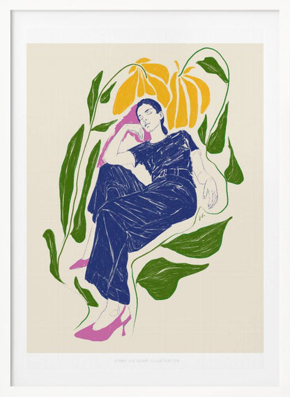 A stylized illustration of a woman in a dark blue outfit and pink heels, resting peacefully with her eyes closed amidst large green leaves and yellow flowers against a cream background. Decor
