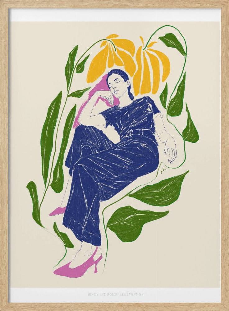 A stylized illustration of a woman in a dark blue outfit and pink heels, resting peacefully with her eyes closed amidst large green leaves and yellow flowers against a cream background. Decor