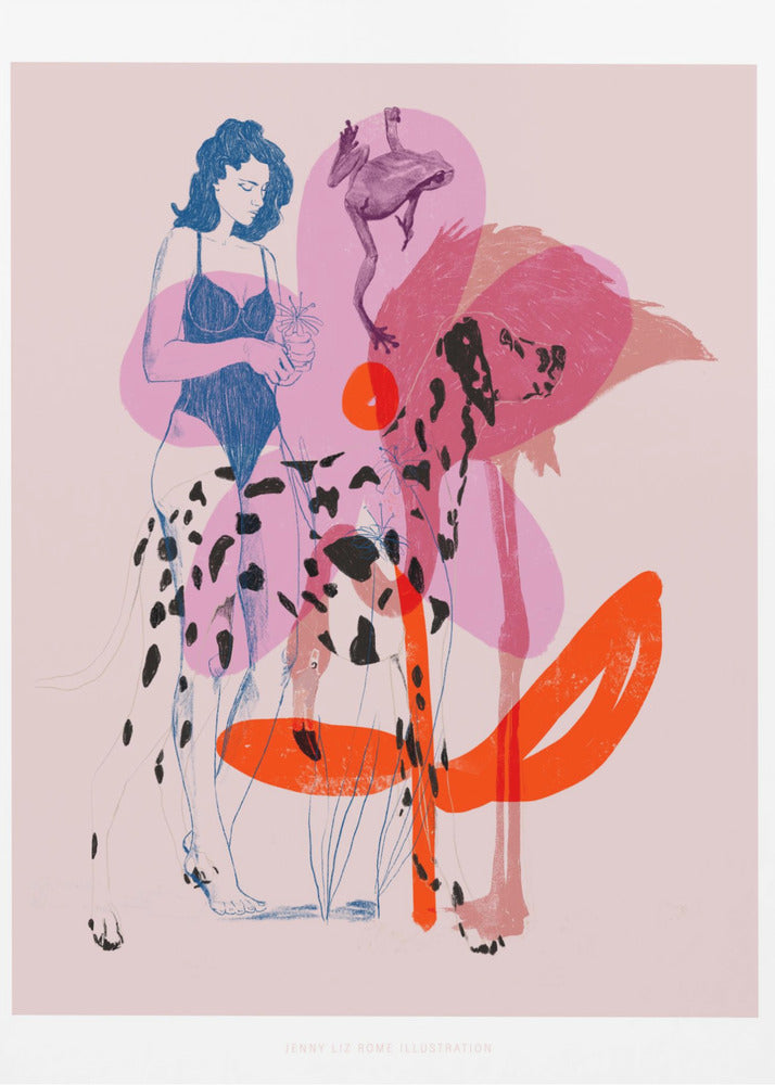 A modern, stylized illustration on a light pink background featuring a woman in a blue swimsuit holding a small potted plant. The scene includes several overlapping, semi-transparent animals: a dalmatian, a large pink flamingo, and a leaping frog. Bold orange and pink abstract shapes add to the layered composition. Poster