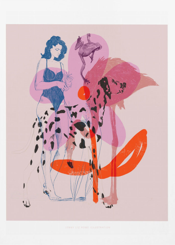 A modern, stylized illustration on a light pink background featuring a woman in a blue swimsuit holding a small potted plant. The scene includes several overlapping, semi-transparent animals: a dalmatian, a large pink flamingo, and a leaping frog. Bold orange and pink abstract shapes add to the layered composition. Poster