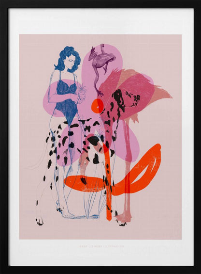 A modern, stylized illustration on a light pink background featuring a woman in a blue swimsuit holding a small potted plant. The scene includes several overlapping, semi-transparent animals: a dalmatian, a large pink flamingo, and a leaping frog. Bold orange and pink abstract shapes add to the layered composition. Poster
