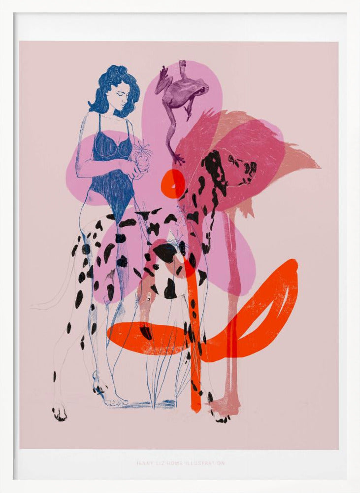 A modern, stylized illustration on a light pink background featuring a woman in a blue swimsuit holding a small potted plant. The scene includes several overlapping, semi-transparent animals: a dalmatian, a large pink flamingo, and a leaping frog. Bold orange and pink abstract shapes add to the layered composition. Poster