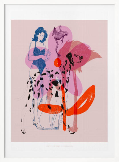 A modern, stylized illustration on a light pink background featuring a woman in a blue swimsuit holding a small potted plant. The scene includes several overlapping, semi-transparent animals: a dalmatian, a large pink flamingo, and a leaping frog. Bold orange and pink abstract shapes add to the layered composition. Poster