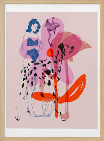 A modern, stylized illustration on a light pink background featuring a woman in a blue swimsuit holding a small potted plant. The scene includes several overlapping, semi-transparent animals: a dalmatian, a large pink flamingo, and a leaping frog. Bold orange and pink abstract shapes add to the layered composition. Poster