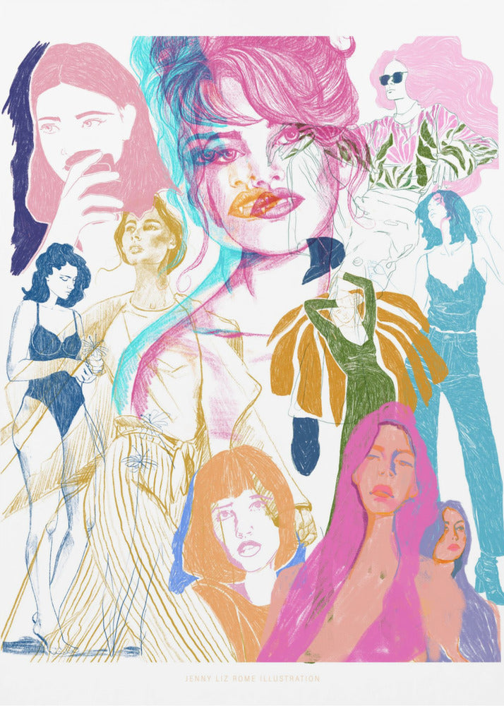 A framed art print featuring a vibrant, sketchy collage of numerous women. The central focus is a large portrait with a pink and cyan 3D effect. Surrounding it are smaller illustrations of women in various fashionable poses and outfits, rendered in a dynamic mix of pink, blue, orange, and yellow on a white background. Poster