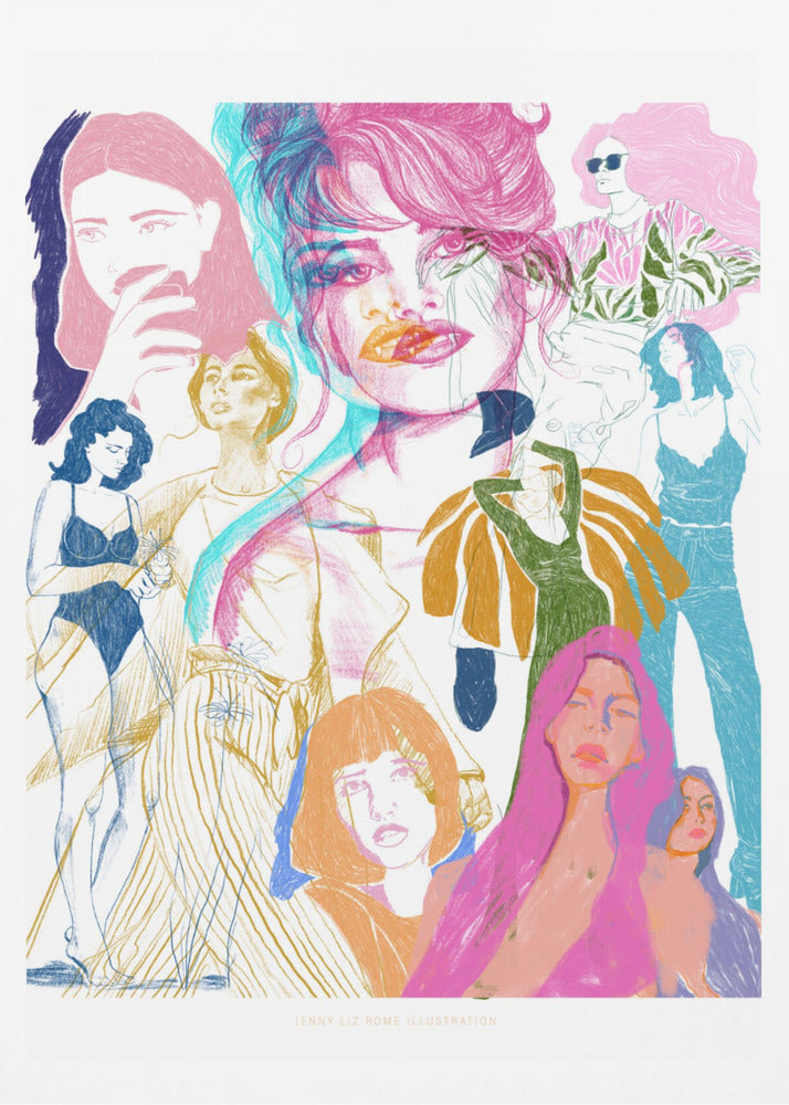 A framed art print featuring a vibrant, sketchy collage of numerous women. The central focus is a large portrait with a pink and cyan 3D effect. Surrounding it are smaller illustrations of women in various fashionable poses and outfits, rendered in a dynamic mix of pink, blue, orange, and yellow on a white background. Poster