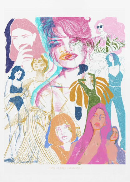 A framed art print featuring a vibrant, sketchy collage of numerous women. The central focus is a large portrait with a pink and cyan 3D effect. Surrounding it are smaller illustrations of women in various fashionable poses and outfits, rendered in a dynamic mix of pink, blue, orange, and yellow on a white background. Poster