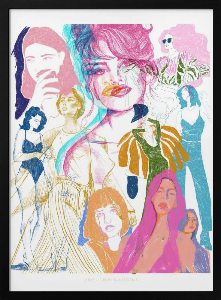 A framed art print featuring a vibrant, sketchy collage of numerous women. The central focus is a large portrait with a pink and cyan 3D effect. Surrounding it are smaller illustrations of women in various fashionable poses and outfits, rendered in a dynamic mix of pink, blue, orange, and yellow on a white background. Poster