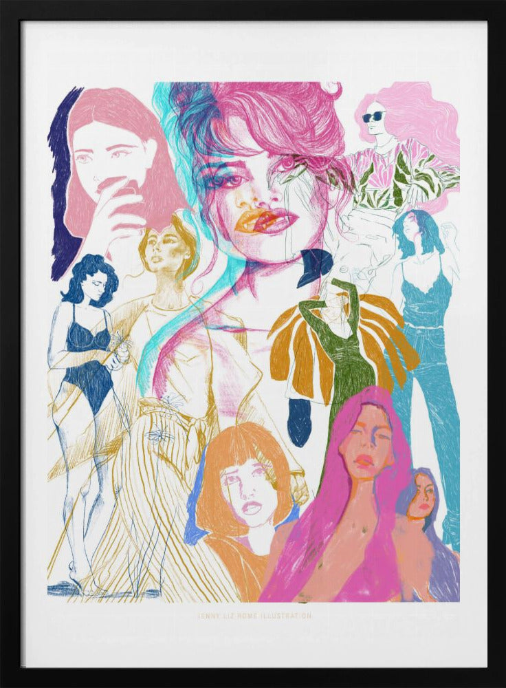 A framed art print featuring a vibrant, sketchy collage of numerous women. The central focus is a large portrait with a pink and cyan 3D effect. Surrounding it are smaller illustrations of women in various fashionable poses and outfits, rendered in a dynamic mix of pink, blue, orange, and yellow on a white background. Poster