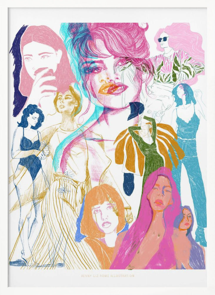 A framed art print featuring a vibrant, sketchy collage of numerous women. The central focus is a large portrait with a pink and cyan 3D effect. Surrounding it are smaller illustrations of women in various fashionable poses and outfits, rendered in a dynamic mix of pink, blue, orange, and yellow on a white background. Poster