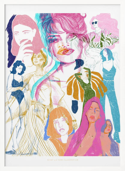 A framed art print featuring a vibrant, sketchy collage of numerous women. The central focus is a large portrait with a pink and cyan 3D effect. Surrounding it are smaller illustrations of women in various fashionable poses and outfits, rendered in a dynamic mix of pink, blue, orange, and yellow on a white background. Poster