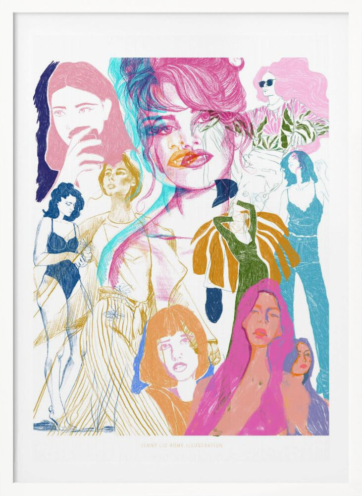 A framed art print featuring a vibrant, sketchy collage of numerous women. The central focus is a large portrait with a pink and cyan 3D effect. Surrounding it are smaller illustrations of women in various fashionable poses and outfits, rendered in a dynamic mix of pink, blue, orange, and yellow on a white background. Poster