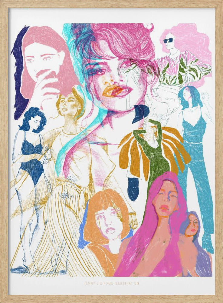 A framed art print featuring a vibrant, sketchy collage of numerous women. The central focus is a large portrait with a pink and cyan 3D effect. Surrounding it are smaller illustrations of women in various fashionable poses and outfits, rendered in a dynamic mix of pink, blue, orange, and yellow on a white background. Poster