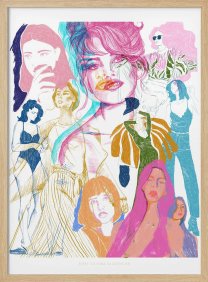 A framed art print featuring a vibrant, sketchy collage of numerous women. The central focus is a large portrait with a pink and cyan 3D effect. Surrounding it are smaller illustrations of women in various fashionable poses and outfits, rendered in a dynamic mix of pink, blue, orange, and yellow on a white background. Poster