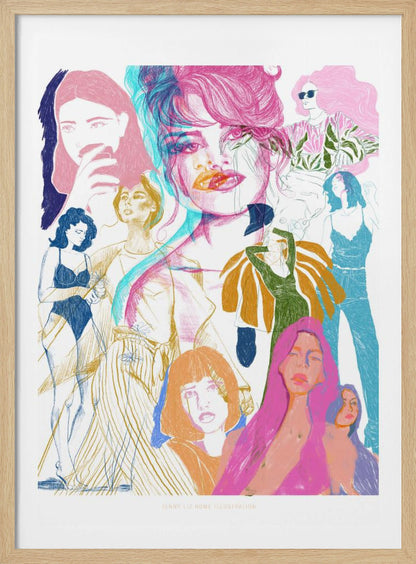 A framed art print featuring a vibrant, sketchy collage of numerous women. The central focus is a large portrait with a pink and cyan 3D effect. Surrounding it are smaller illustrations of women in various fashionable poses and outfits, rendered in a dynamic mix of pink, blue, orange, and yellow on a white background. Poster