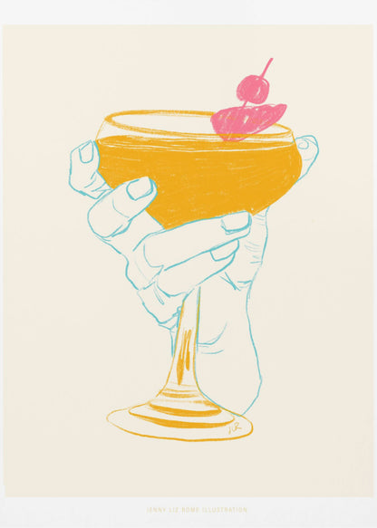 A stylized illustration of a hand holding a coupe glass with a golden-yellow cocktail, garnished with a bright pink cherry. The hand is outlined in light blue against a cream background, creating a minimalist, pop-art feel. Print