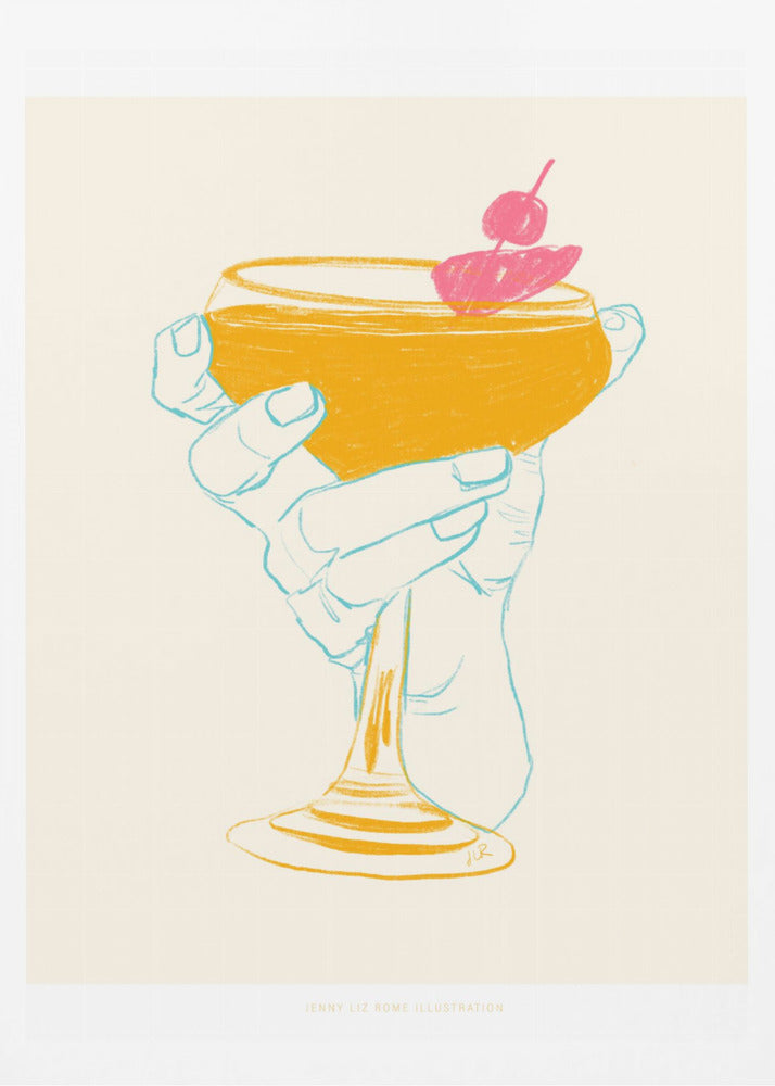 A stylized illustration of a hand holding a coupe glass with a golden-yellow cocktail, garnished with a bright pink cherry. The hand is outlined in light blue against a cream background, creating a minimalist, pop-art feel. Print