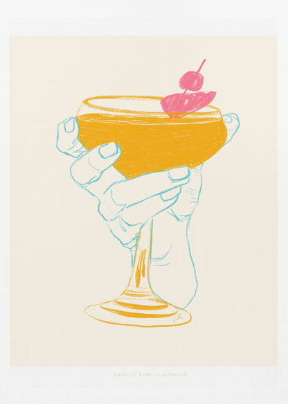 A stylized illustration of a hand holding a coupe glass with a golden-yellow cocktail, garnished with a bright pink cherry. The hand is outlined in light blue against a cream background, creating a minimalist, pop-art feel. Print