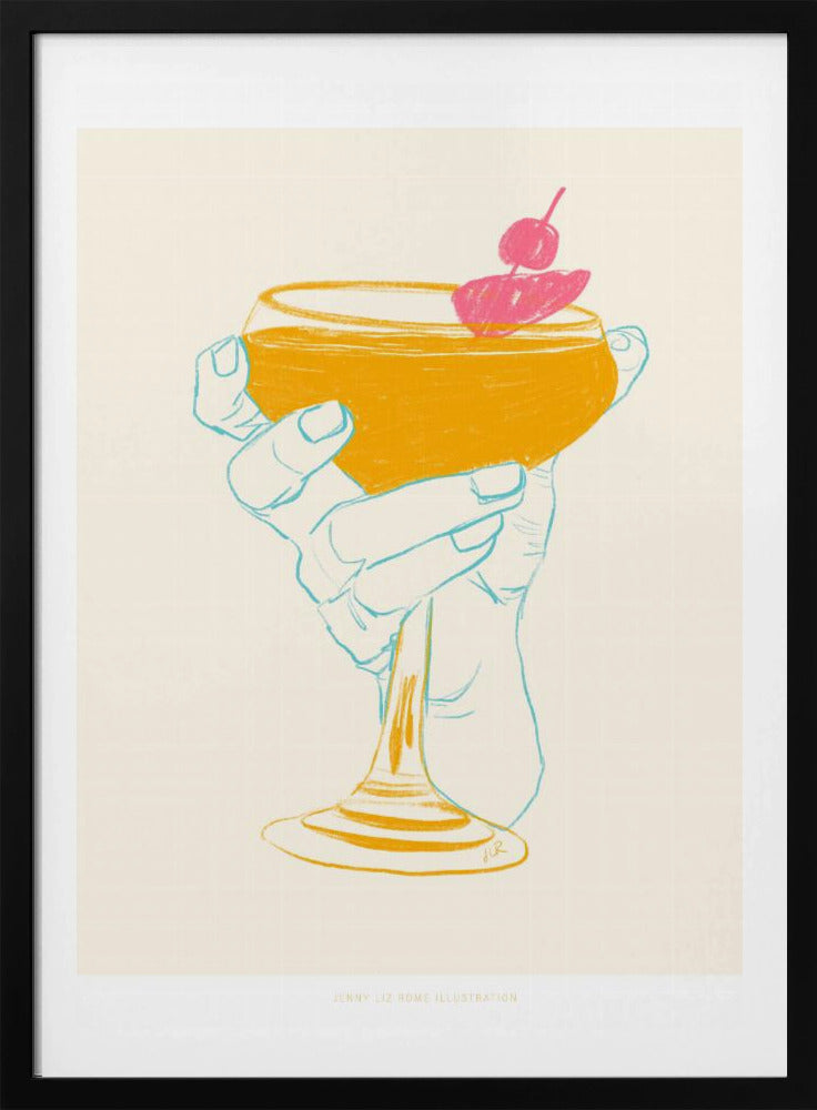 A stylized illustration of a hand holding a coupe glass with a golden-yellow cocktail, garnished with a bright pink cherry. The hand is outlined in light blue against a cream background, creating a minimalist, pop-art feel. Print