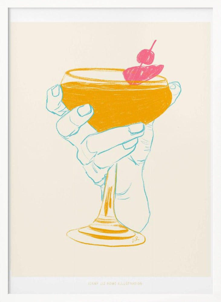 A stylized illustration of a hand holding a coupe glass with a golden-yellow cocktail, garnished with a bright pink cherry. The hand is outlined in light blue against a cream background, creating a minimalist, pop-art feel. Print
