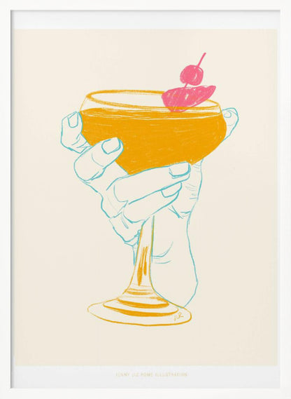 A stylized illustration of a hand holding a coupe glass with a golden-yellow cocktail, garnished with a bright pink cherry. The hand is outlined in light blue against a cream background, creating a minimalist, pop-art feel. Print