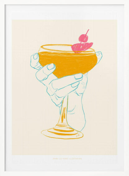 A stylized illustration of a hand holding a coupe glass with a golden-yellow cocktail, garnished with a bright pink cherry. The hand is outlined in light blue against a cream background, creating a minimalist, pop-art feel. Print