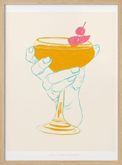 A stylized illustration of a hand holding a coupe glass with a golden-yellow cocktail, garnished with a bright pink cherry. The hand is outlined in light blue against a cream background, creating a minimalist, pop-art feel. Print
