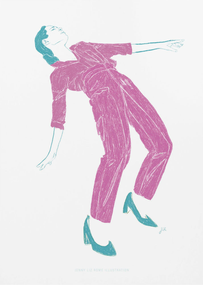 A stylized, two-color illustration of a person dancing, captured in a black frame. The figure, rendered in textured fuchsia, wears a jumpsuit and leans back dramatically. Their hair, shoes, and arm outlines are highlighted in a contrasting teal against a stark white background. Print
