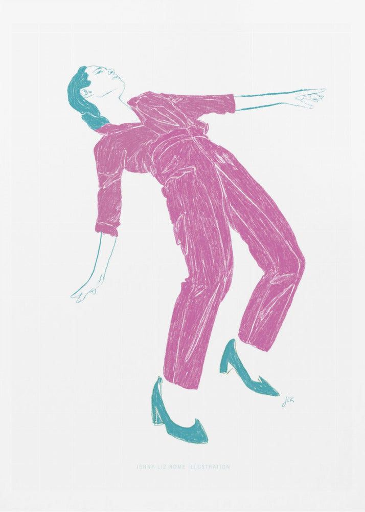 A stylized, two-color illustration of a person dancing, captured in a black frame. The figure, rendered in textured fuchsia, wears a jumpsuit and leans back dramatically. Their hair, shoes, and arm outlines are highlighted in a contrasting teal against a stark white background. Print