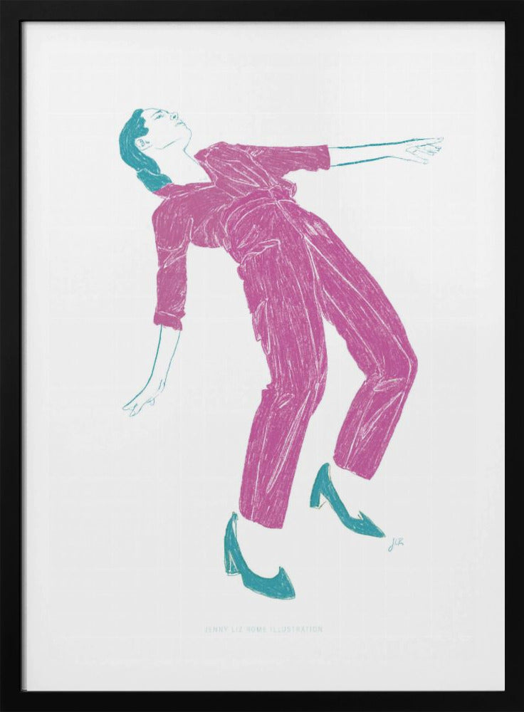 A stylized, two-color illustration of a person dancing, captured in a black frame. The figure, rendered in textured fuchsia, wears a jumpsuit and leans back dramatically. Their hair, shoes, and arm outlines are highlighted in a contrasting teal against a stark white background. Print