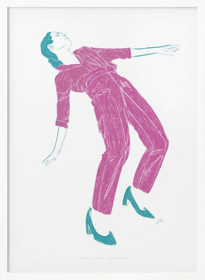 A stylized, two-color illustration of a person dancing, captured in a black frame. The figure, rendered in textured fuchsia, wears a jumpsuit and leans back dramatically. Their hair, shoes, and arm outlines are highlighted in a contrasting teal against a stark white background. Print