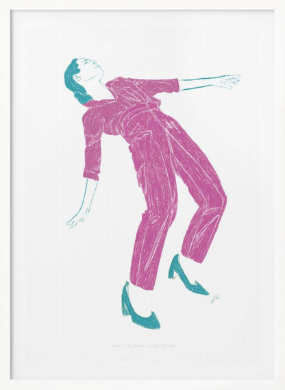 A stylized, two-color illustration of a person dancing, captured in a black frame. The figure, rendered in textured fuchsia, wears a jumpsuit and leans back dramatically. Their hair, shoes, and arm outlines are highlighted in a contrasting teal against a stark white background. Print