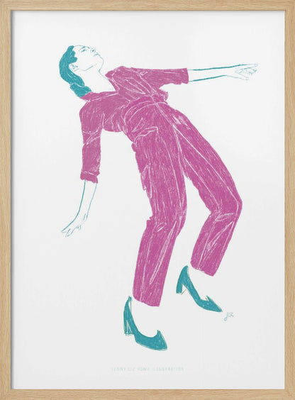 A stylized, two-color illustration of a person dancing, captured in a black frame. The figure, rendered in textured fuchsia, wears a jumpsuit and leans back dramatically. Their hair, shoes, and arm outlines are highlighted in a contrasting teal against a stark white background. Print