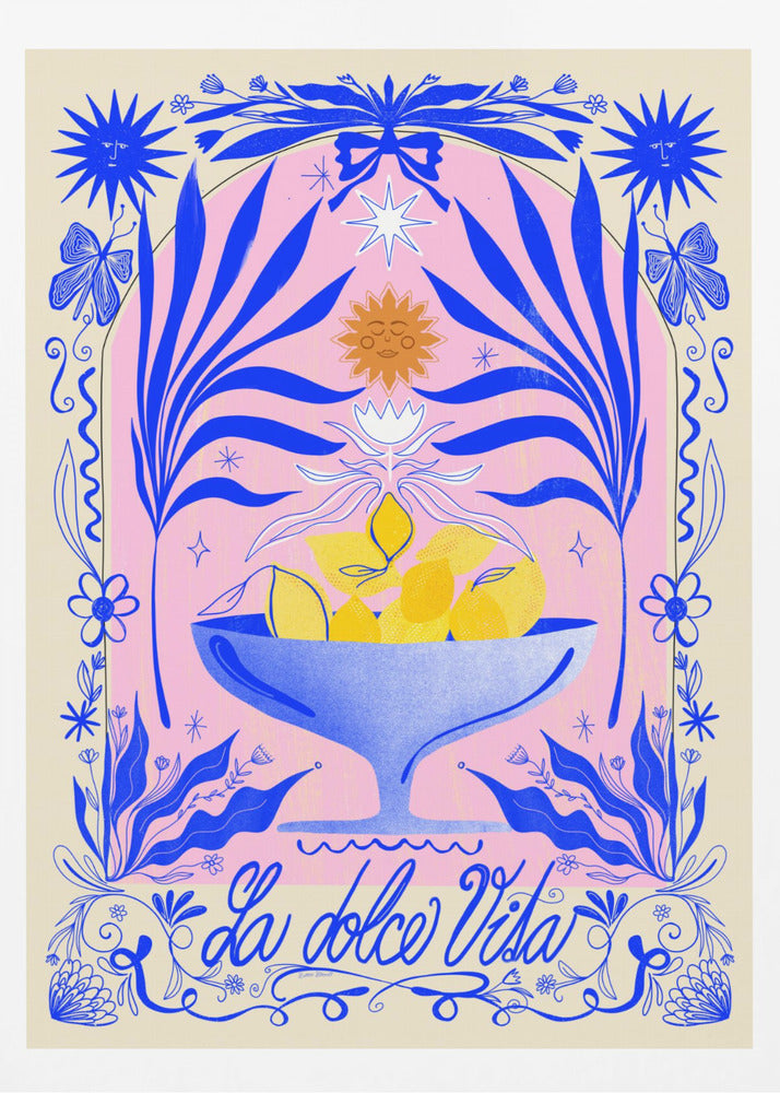 A vibrant, symmetrical illustration featuring a blue bowl of yellow lemons set against a pink arched background. The scene is framed by elaborate blue botanicals, flowers, butterflies, and celestial symbols like suns with faces. At the bottom, the phrase 'La dolce Vita' is written in elegant blue script. Decor
